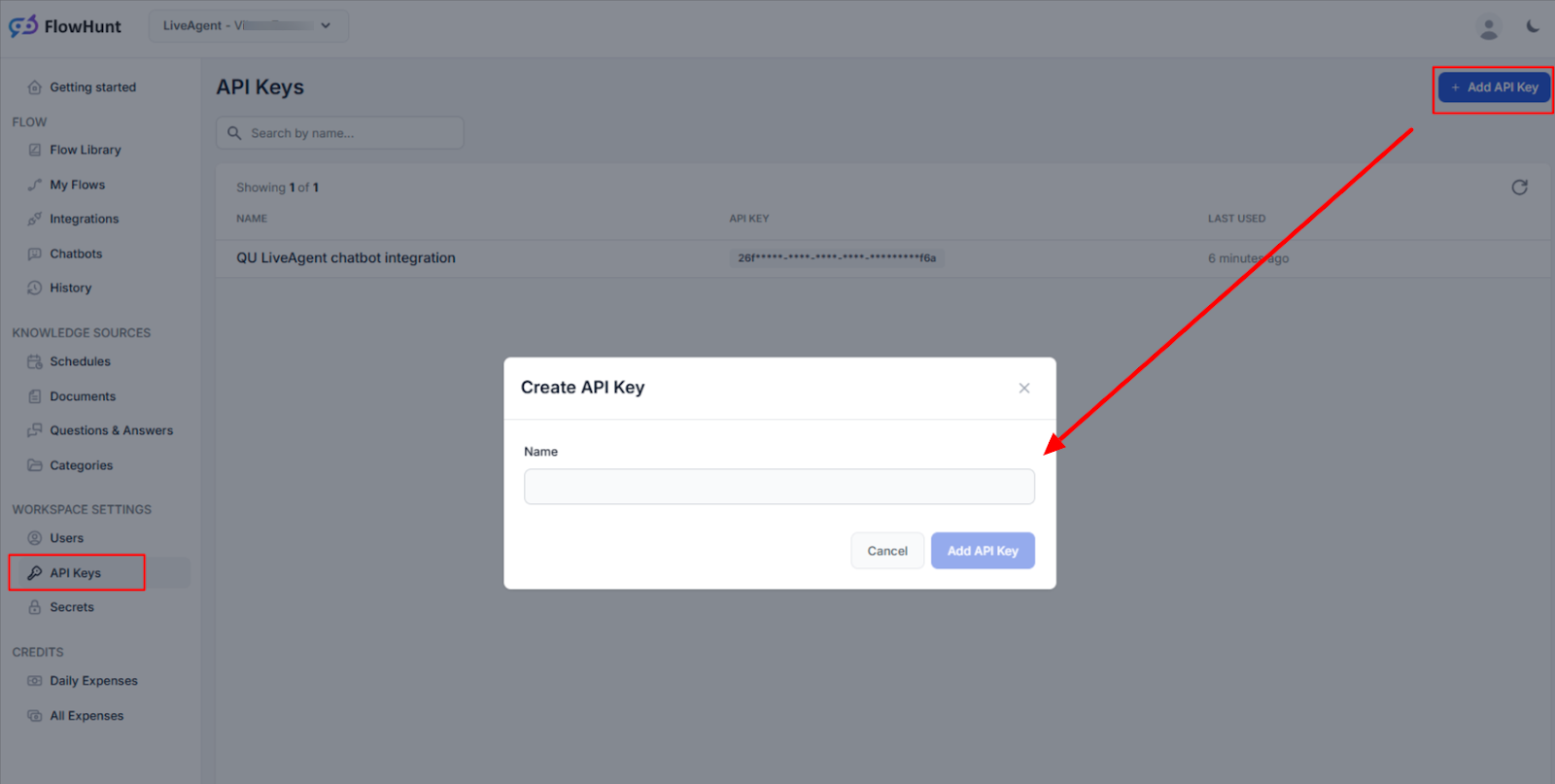 Oprettelse af en API-nøgle til integration af FlowHunt workspace med LiveAgent