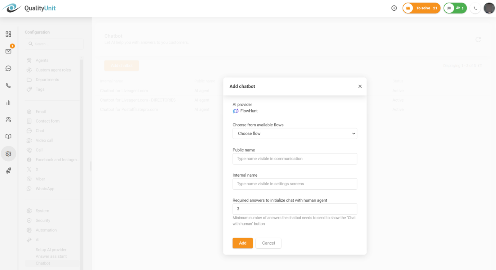 Konfiguration af det minimale antal krævede svar før aktivering af muligheden for at chatte med et menneske
