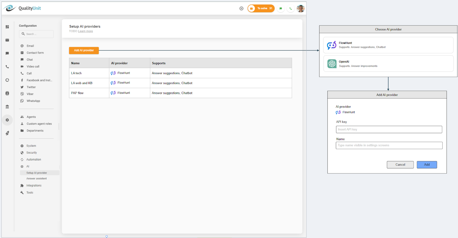 Tilslutning af LiveAgent AI-udbyder