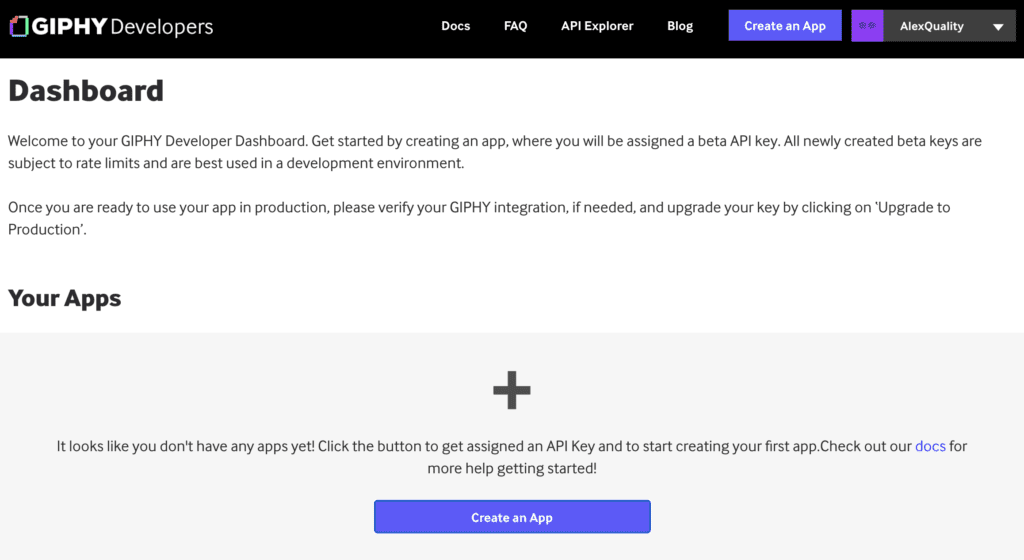 Giphy-dashboard med mulighed for app-oprettelse for at generere en API-nøgle