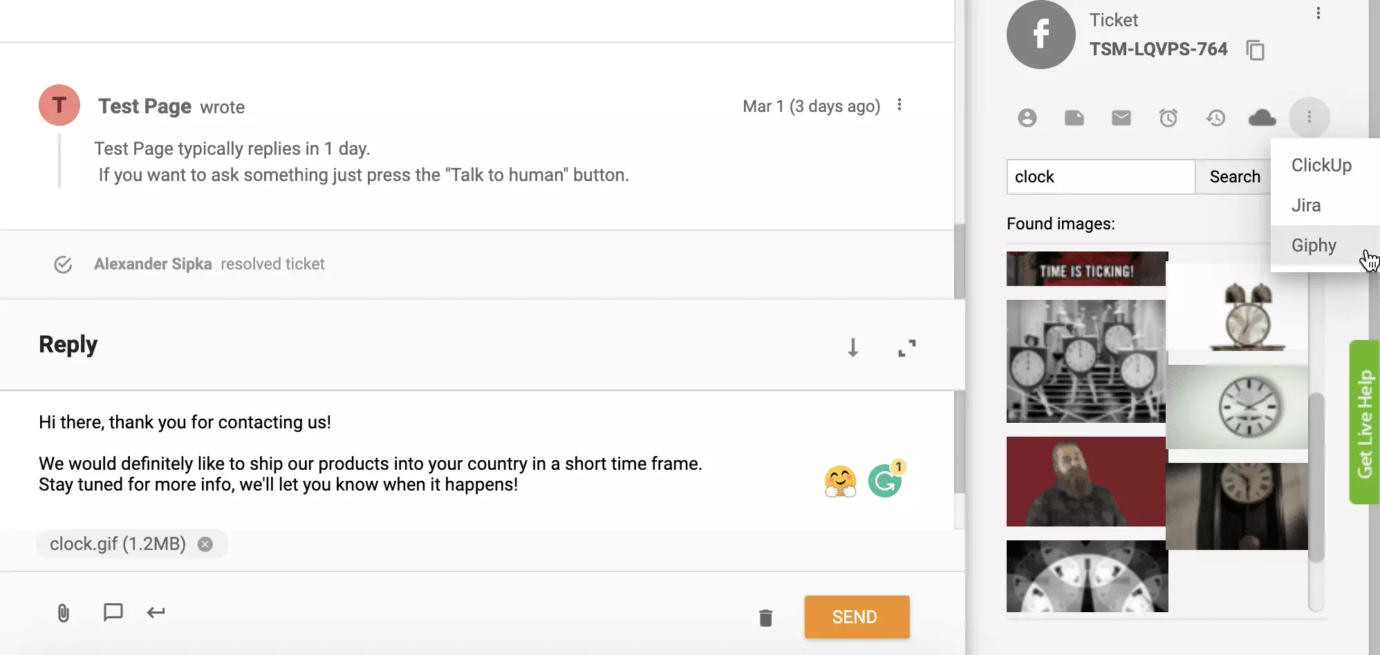 Giphy-integration aktiveret og fungerer i LiveAgent-billetsystem