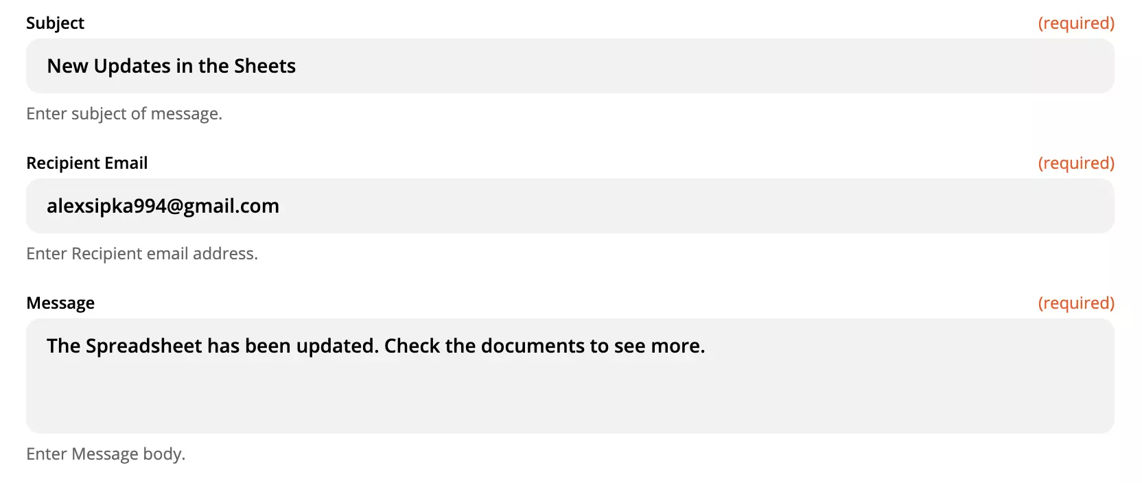 Eksempel på LiveAgent-handlingsopsætning med udfyldte felter