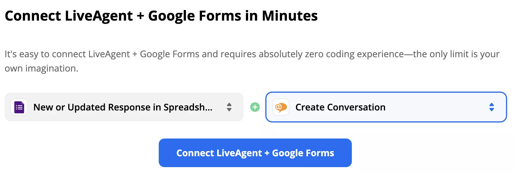 En valgt trigger for Google Forms og handling for LiveAgent