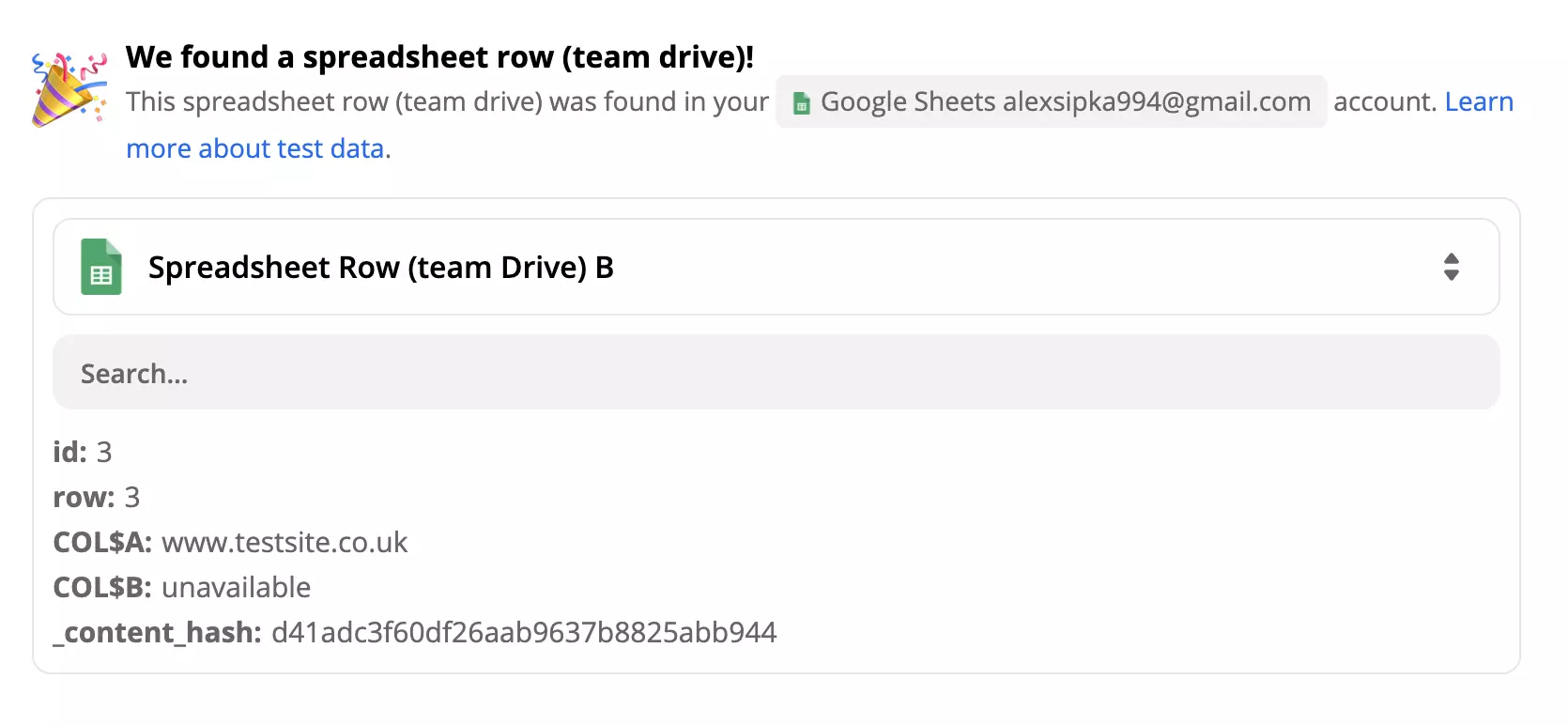 En vellykket test af en Google Sheets-trigger