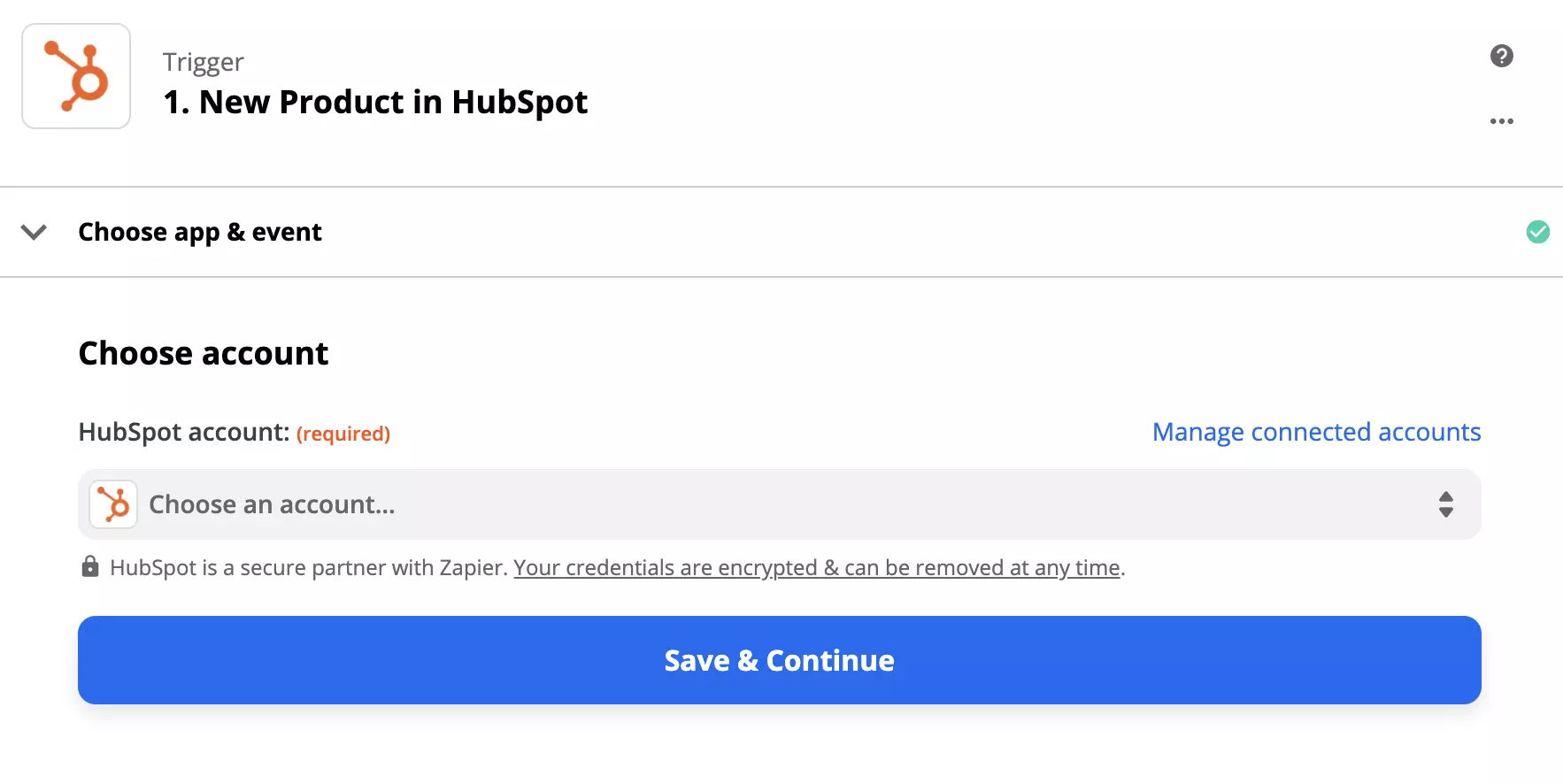 HubSpot-triggerkonfigurationsindstillinger i Zapier