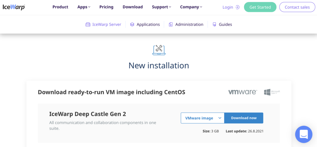 IceWarp-websted med installationssektion og downloadlinks