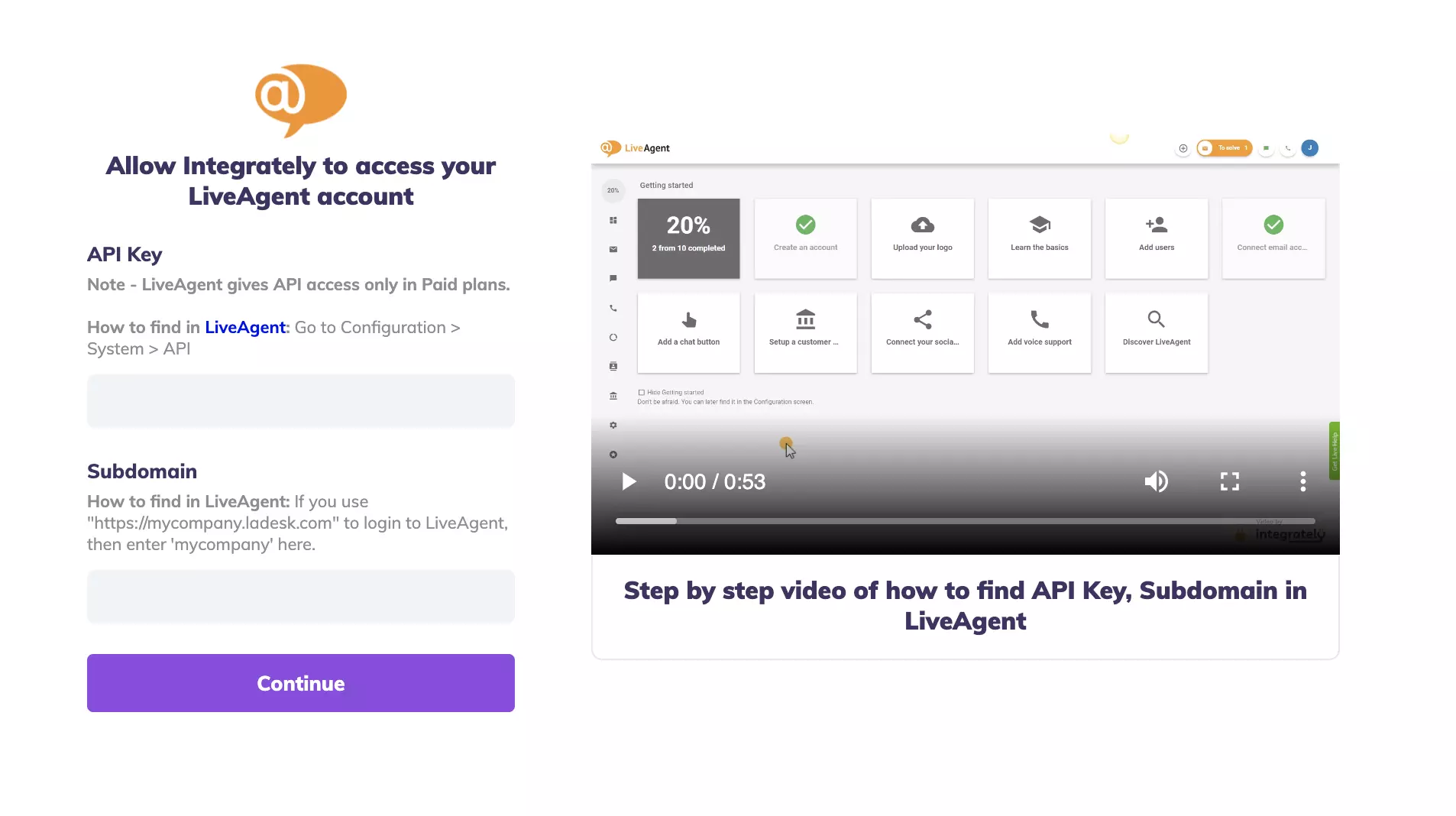 API-nøgle- og underdomænefelter i Integrately-integrationtest