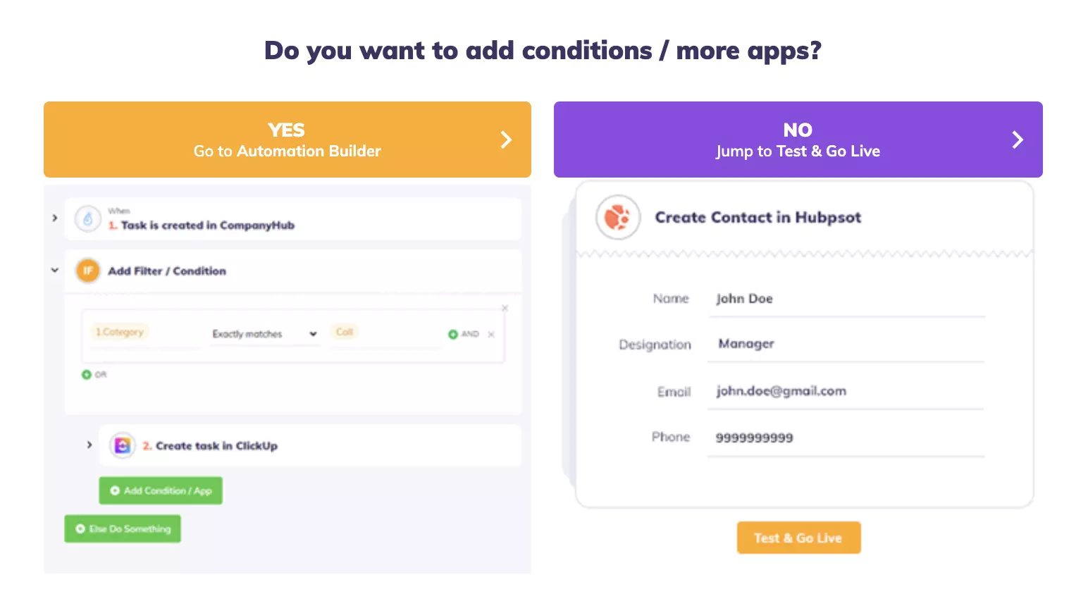 Valg af automation builder eller spring til test og tag integrationen live