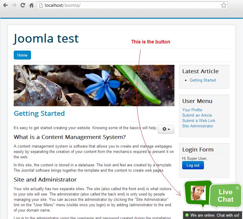 Joomla live chat-knap visning