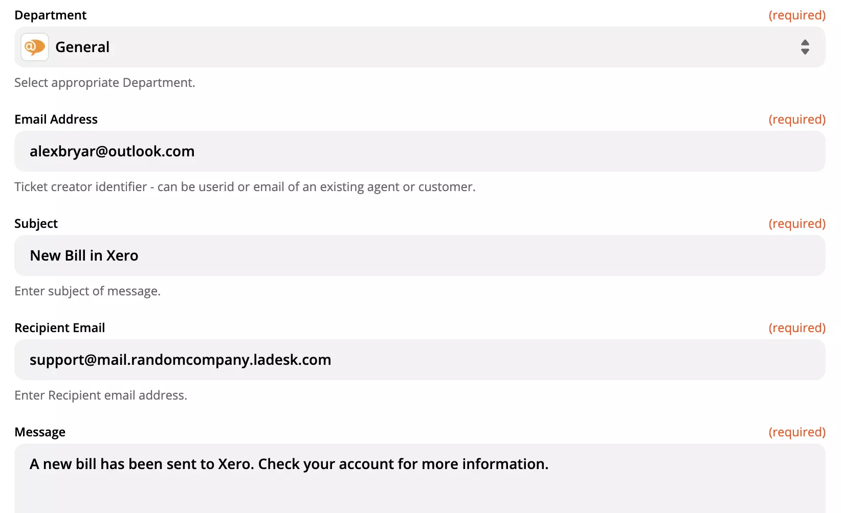 LiveAgent-handlingskonfigurationsindstillinger på Zapier-siden