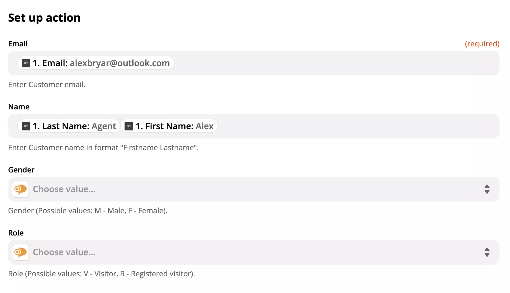 LiveAgent-handlingskonfiguration med data i felter på Zapier