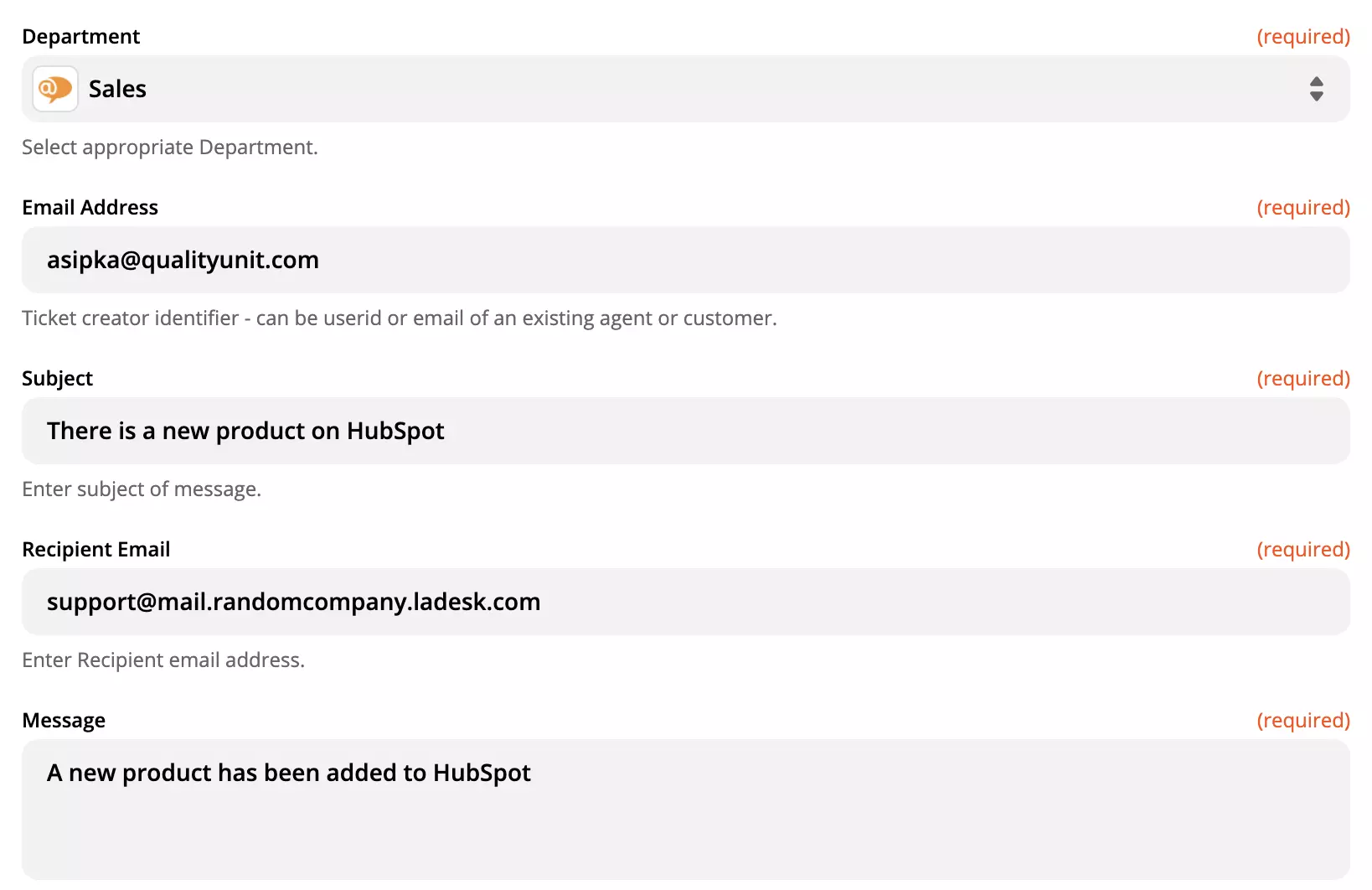 LiveAgent-handlingsopsætning på Zapier