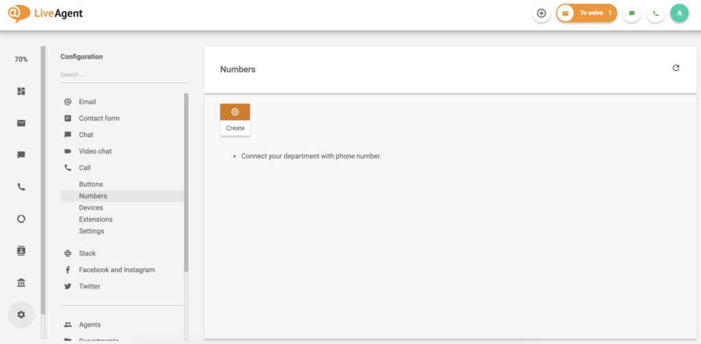 LiveAgent opkaldsnummerskærm med mulighed for at oprette et nyt nummer