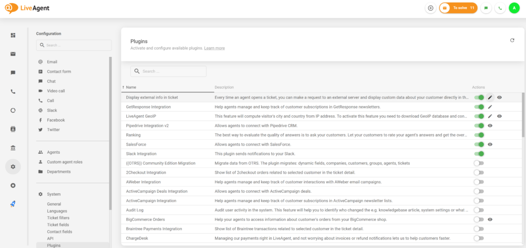 Aktivt External info-plugin i LiveAgent-konfiguration