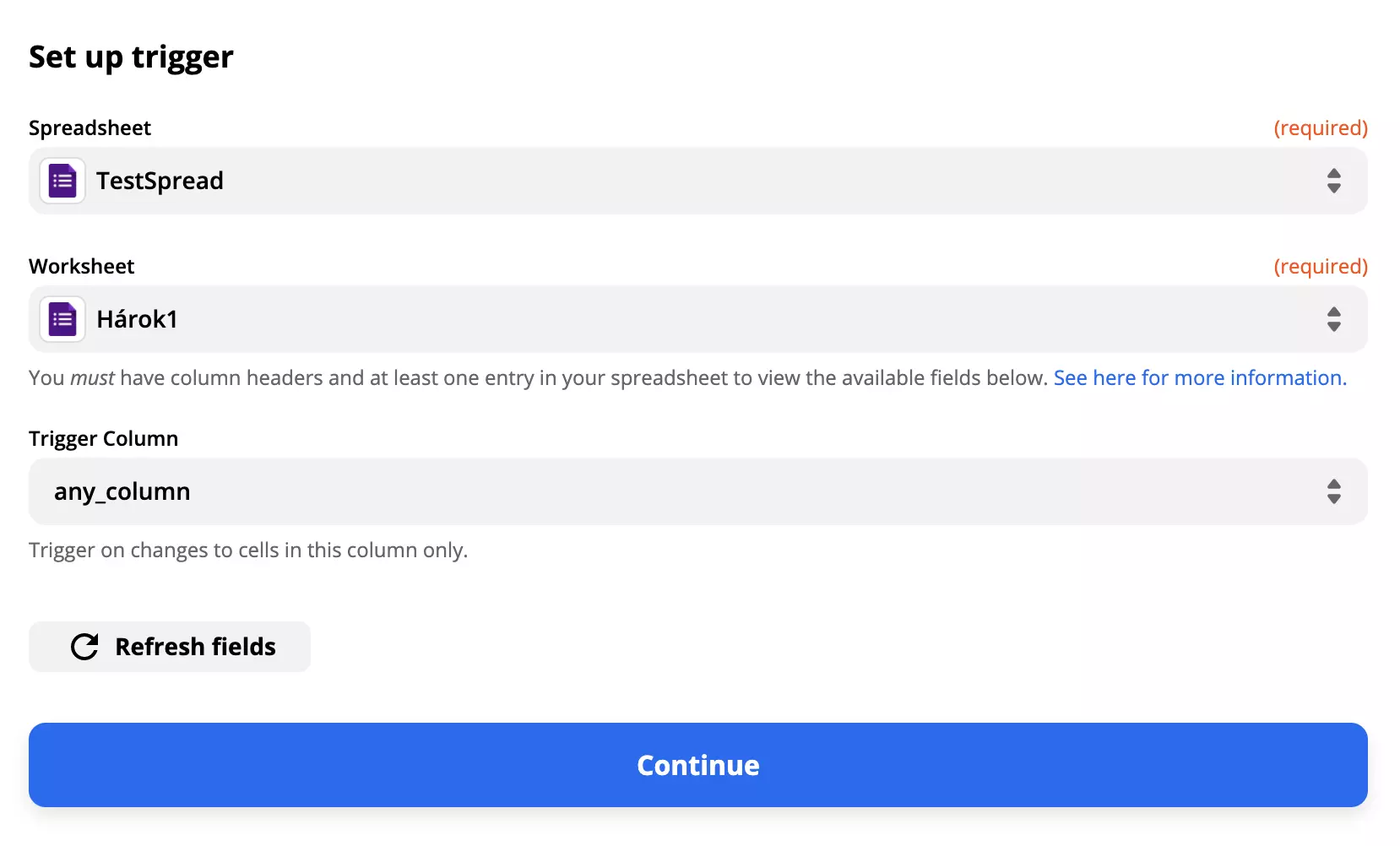 Eksempel på Google Forms-triggeropstilling med udfyldte felter