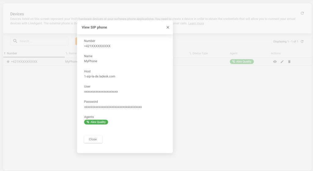 Detaljer om en nyoprettet SIP-telefon i LiveAgent-konfiguration