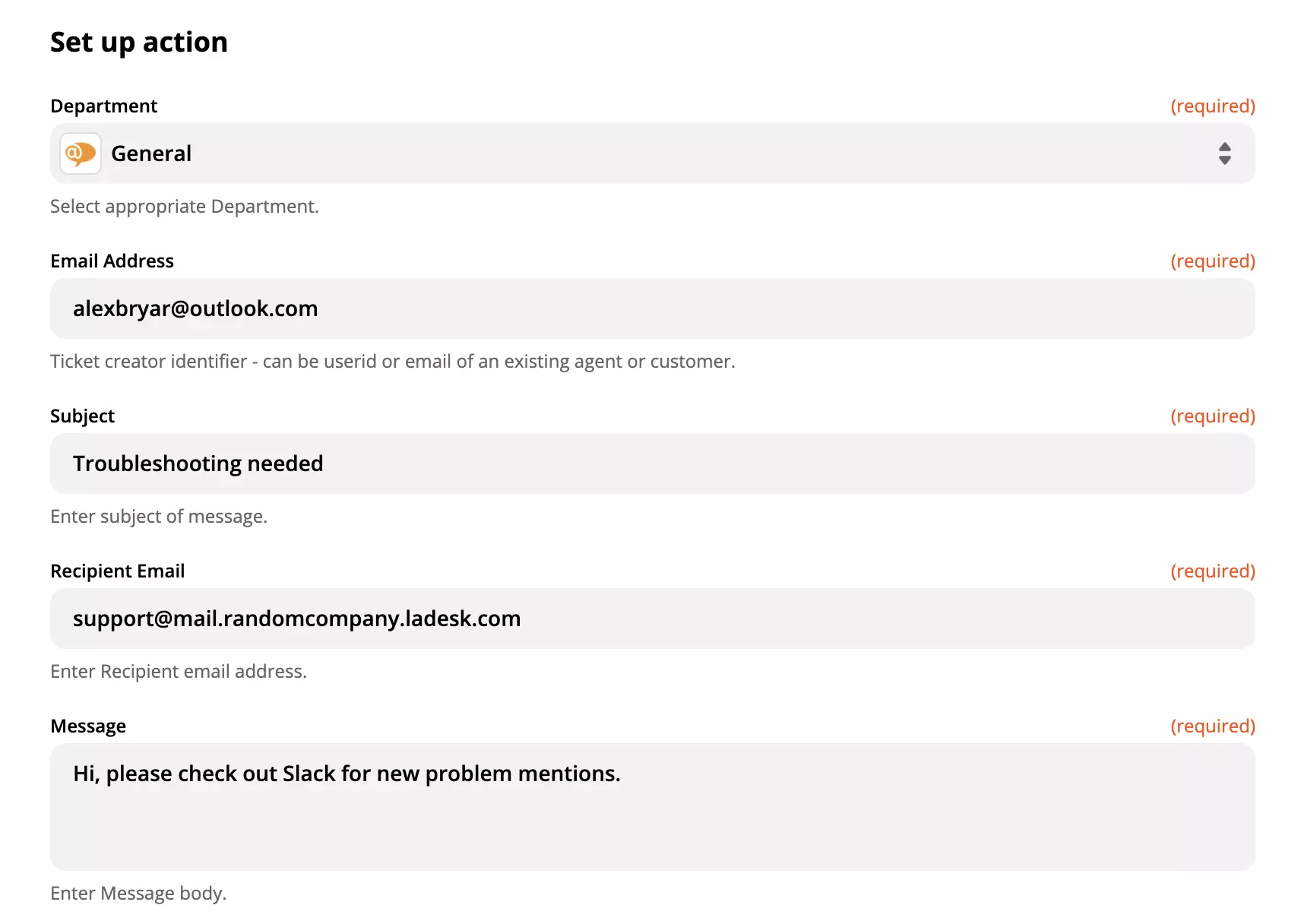 Udfyldt LiveAgent-handlingskonfiguration