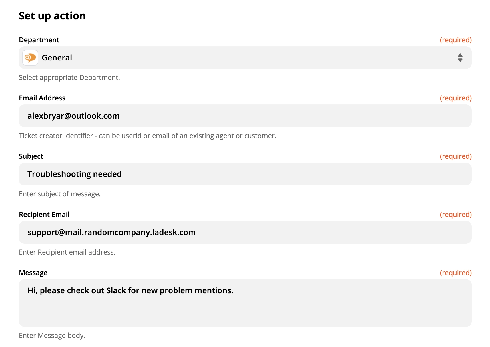 Demonstrasjon av et LiveAgent-handlingsoppsettet på Zapier