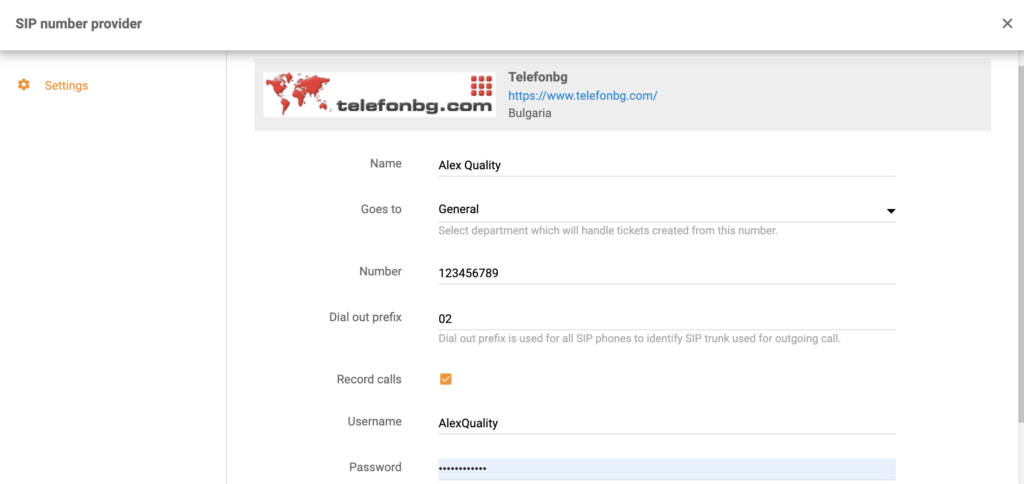 TelefonBG-opsætning ved tilføjelse af et nyt call center-nummer i LiveAgent