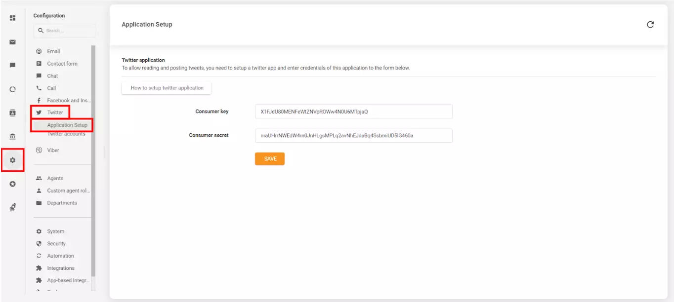 Billede viser hvor og hvordan du kobler din LiveAgent-konto til din oprettede Twitter (X) konto