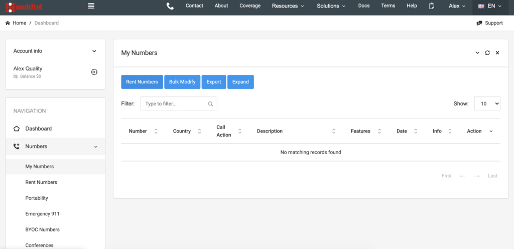 MultiTEL dashboard med nummermuligheder