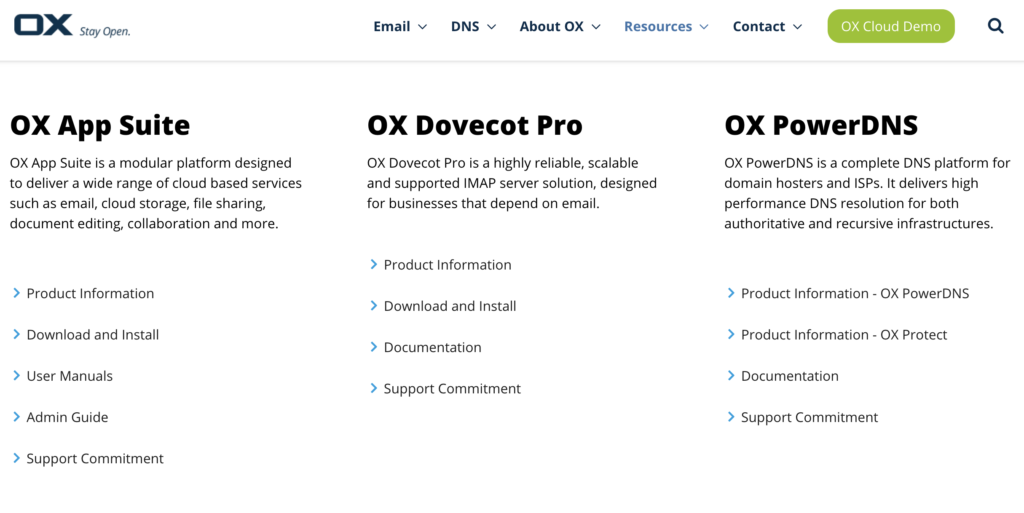 Open-Xchange hjemmeside med downloadmuligheder og vejledninger