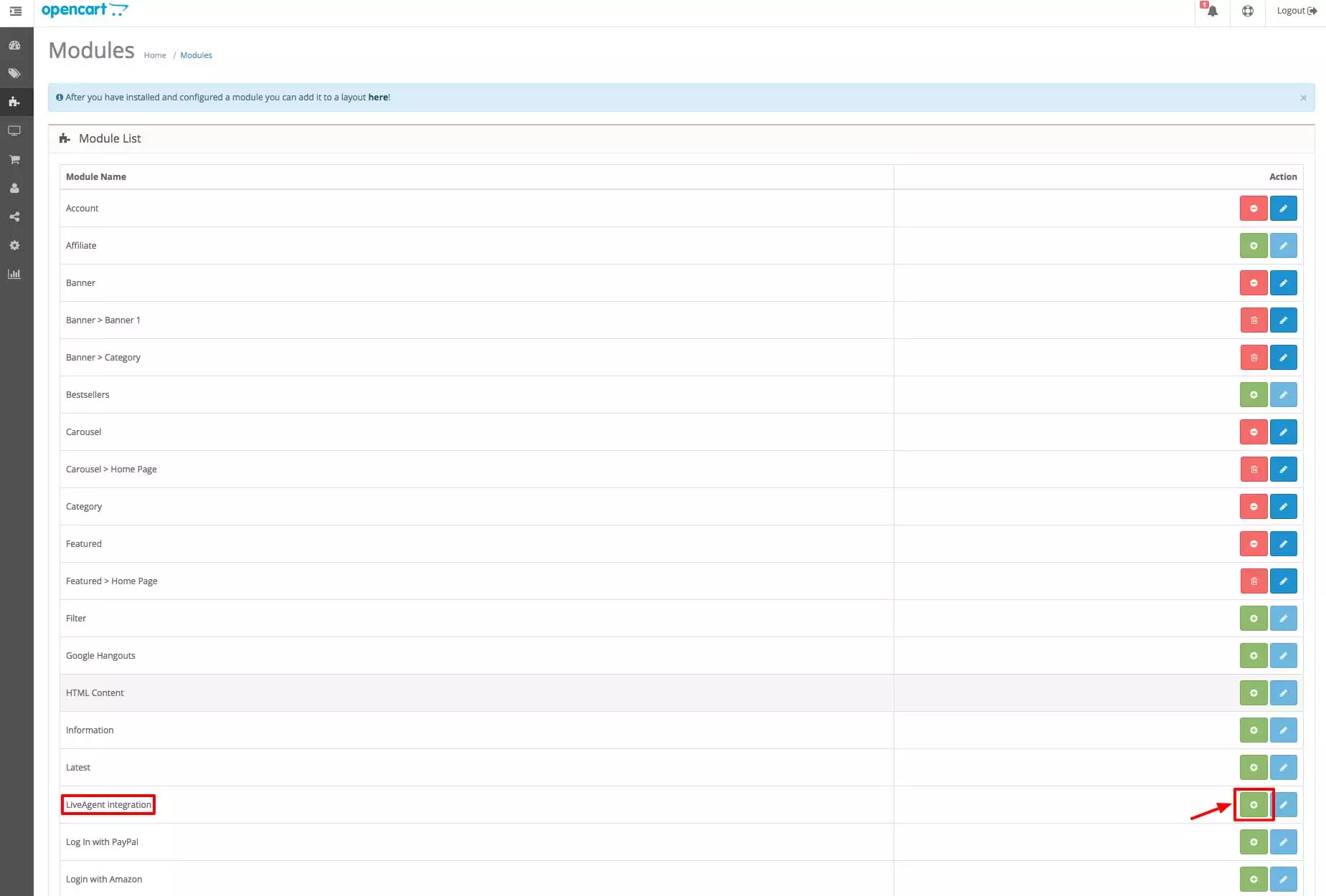 OpenCart LiveAgent-integration - Modulafsnit