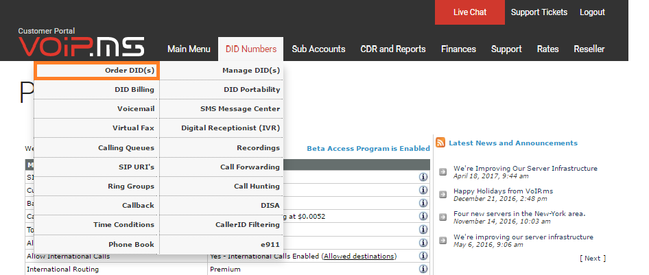DID-nummersektionen i VoIP.ms