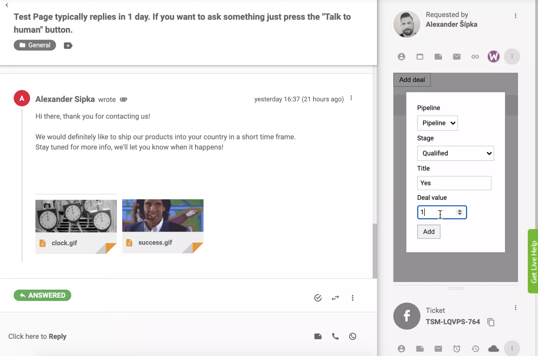 Tilføj en aftale med PipeDrive CRM-integration i LiveAgent-ticketvisning