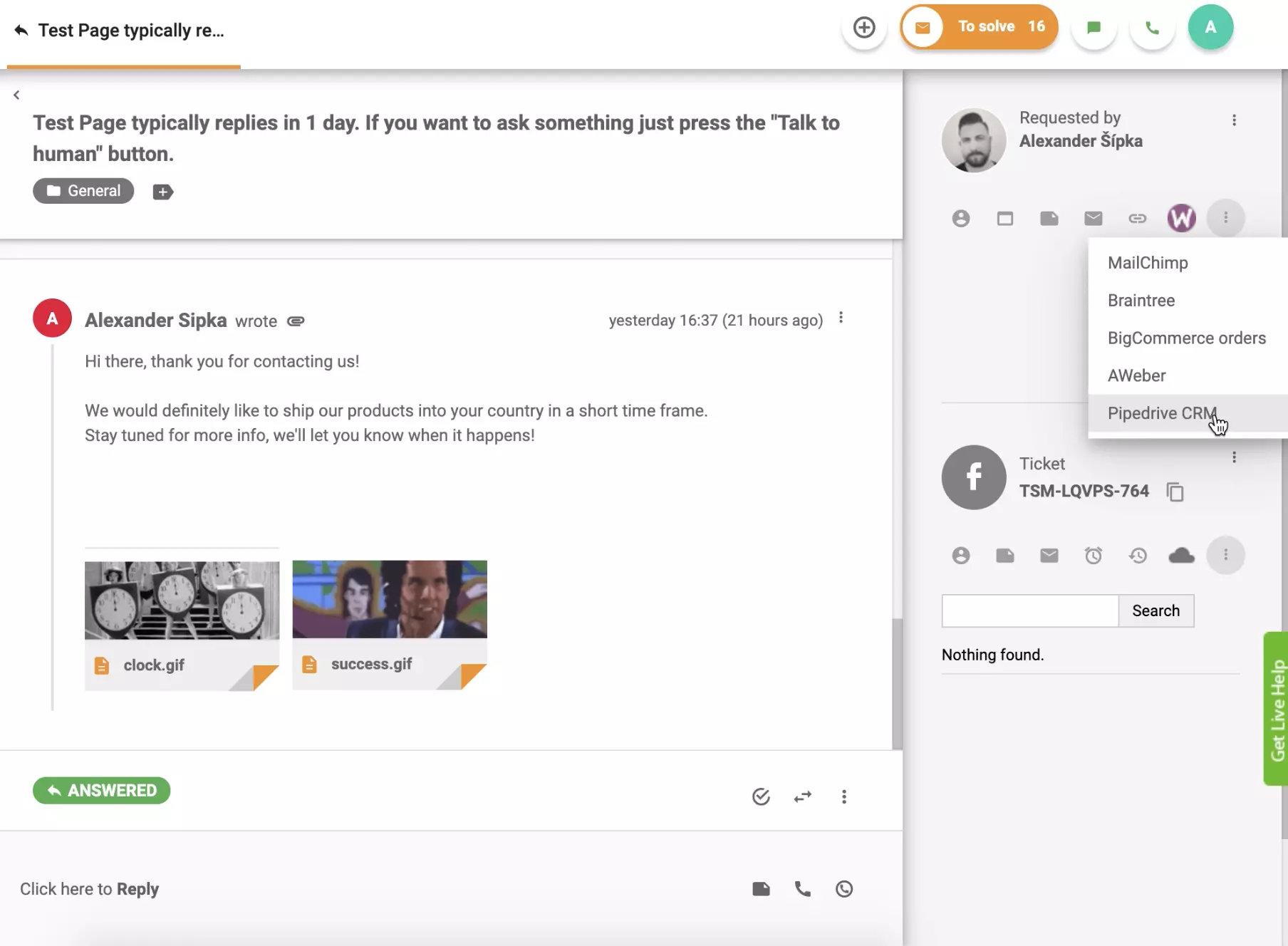 PipeDrive CRM er aktivt i LiveAgent-ticketvisning