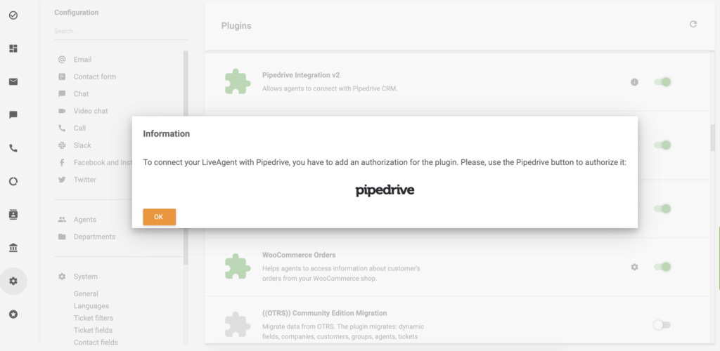 Klik på PipeDrive-logoet for at fortsætte med PipeDrive-integrationen for LiveAgent