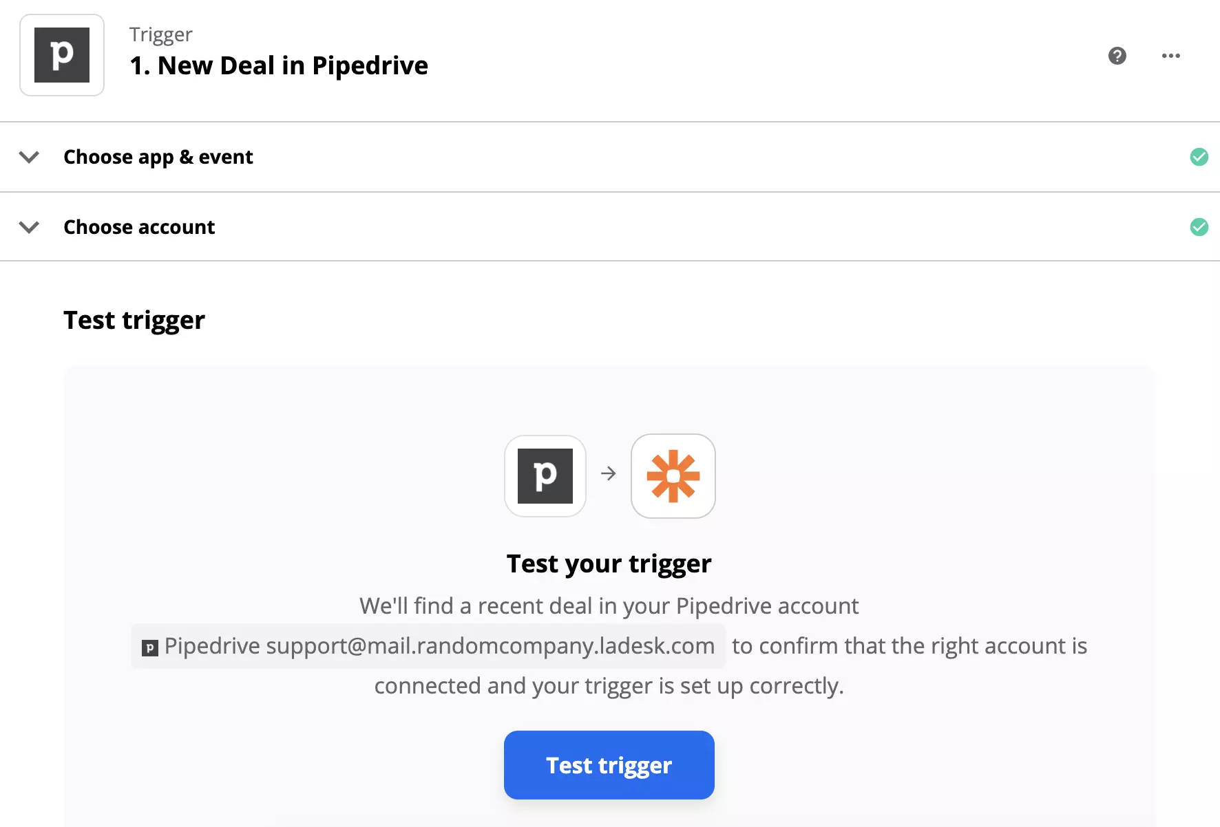 PipeDrive-trigger-test efter opsætning af triggeren på Zapier