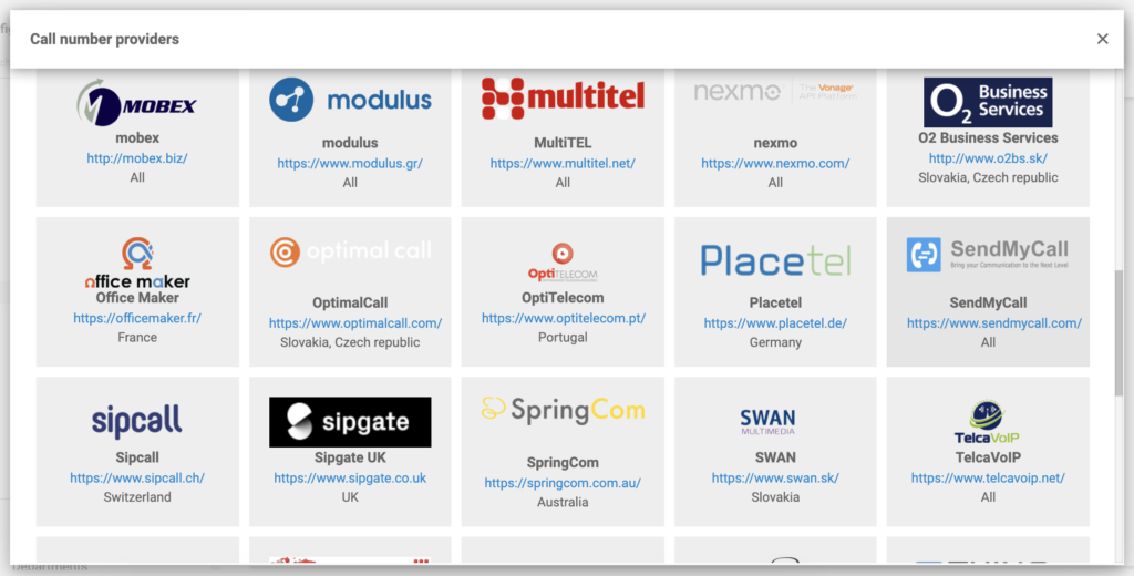 SendMyCall på listen over VoIP-udbydere i LiveAgent-konfiguration