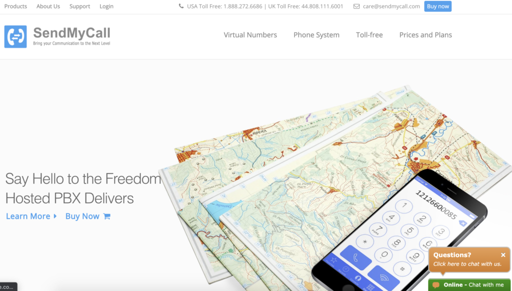 SendMyCall-hjemmeside med Køb nu-knap i øverste højre hjørne