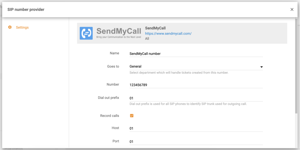 SendMyCall-nummetkonfiguration i LiveAgent