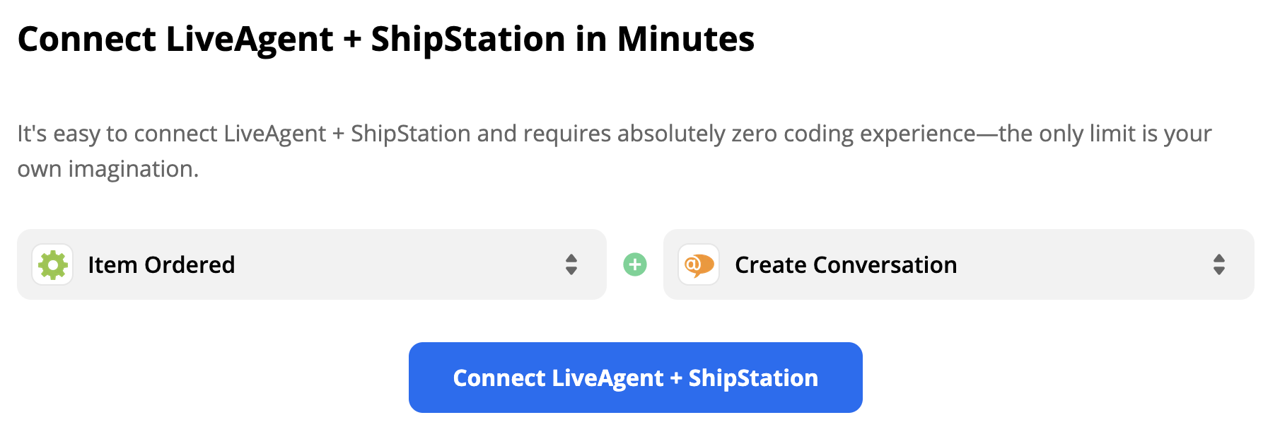 En ShipStation-trigger Item Ordered og en LiveAgent-handling Create Conversation i Zapier-integrationvalg