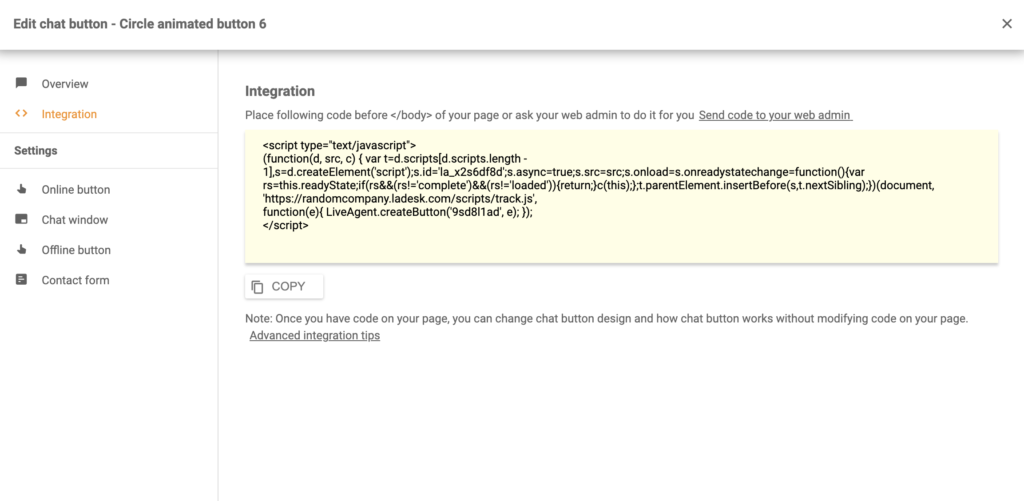 Silverstripe chatknap-integrationskode i LiveAgent