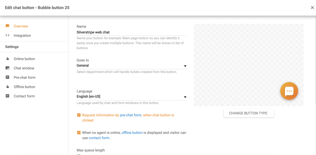 Silverstripe chatknap-konfiguration i LiveAgent