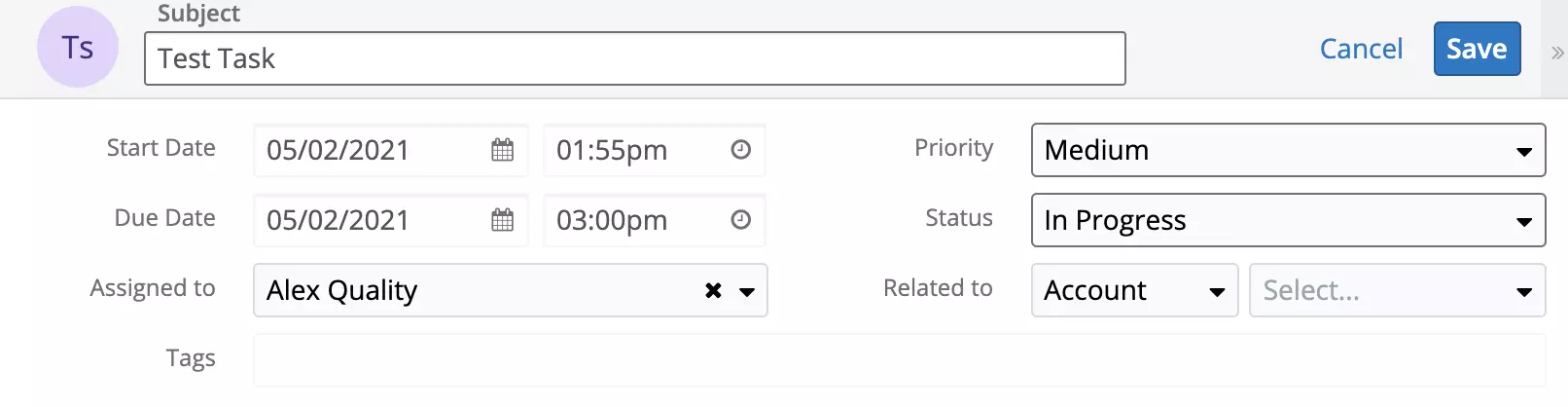 New Task er blevet oprettet i SugarCRM