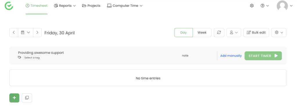 TimeCamp-projektvalg med starttimer