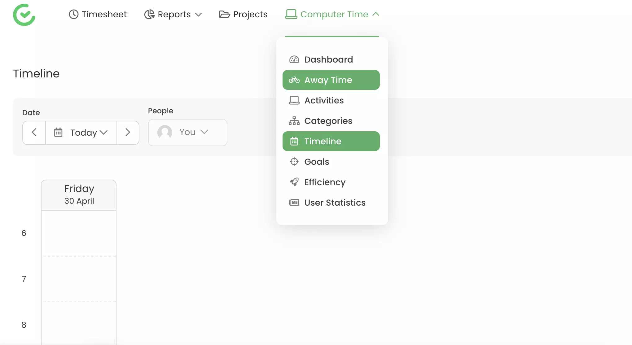 Sporingsmuligheder såsom væk-tid og tidslinje synlig i TimeCamp