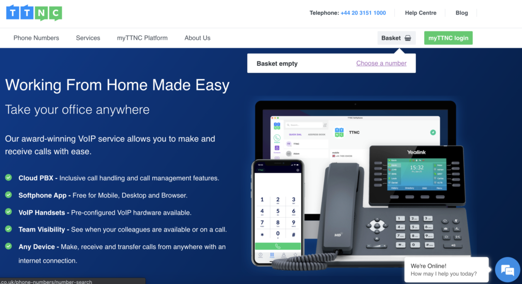 TTNC hjemmeside med kurv og vælg et nummer mulighed i øverste højre hjørne