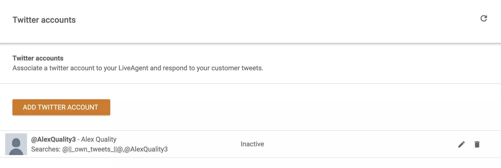 Billede af konti forbundet til LiveAgent og mulighed for at tilføje endnu en Twitter (X) konto til listen