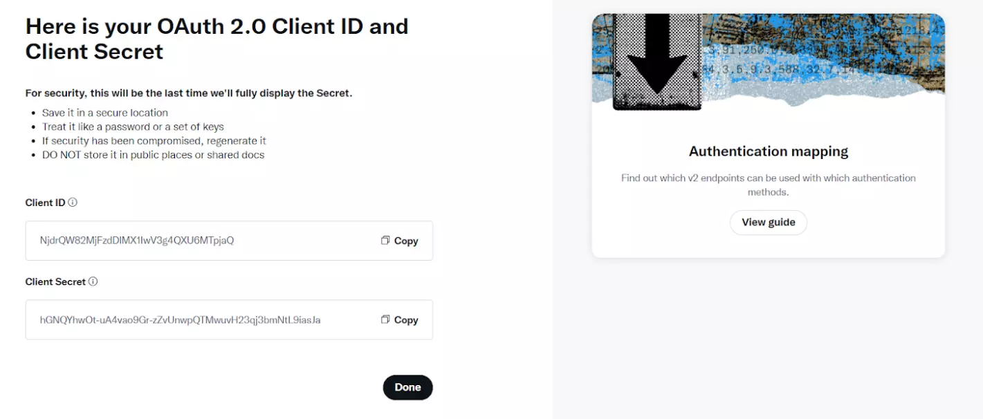 Billede viser hvor du finder Client ID og Client Secret credentials på Twitter (X) developer portal