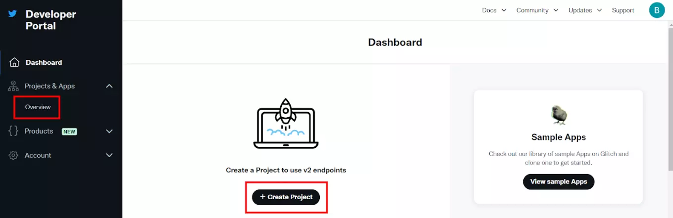 Opretter nyt projekt på Twitter (X) developer portal