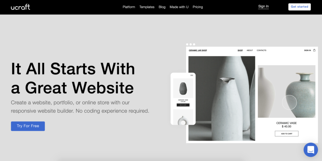 Ucraft-hjemmeside med Get Started-knap i øverste højre hjørne