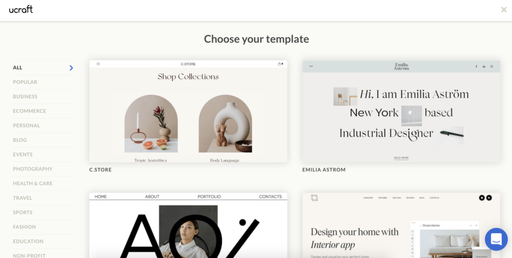 Ucraft-skabelonvalgsside med flere skabelonmuligheder