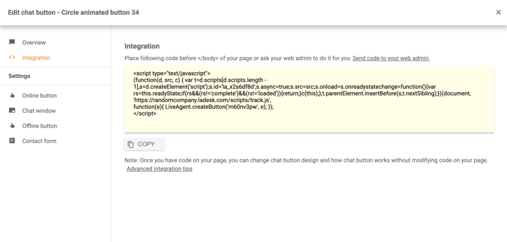 Chat-knap-kode efter vellykket konfiguration i LiveAgent