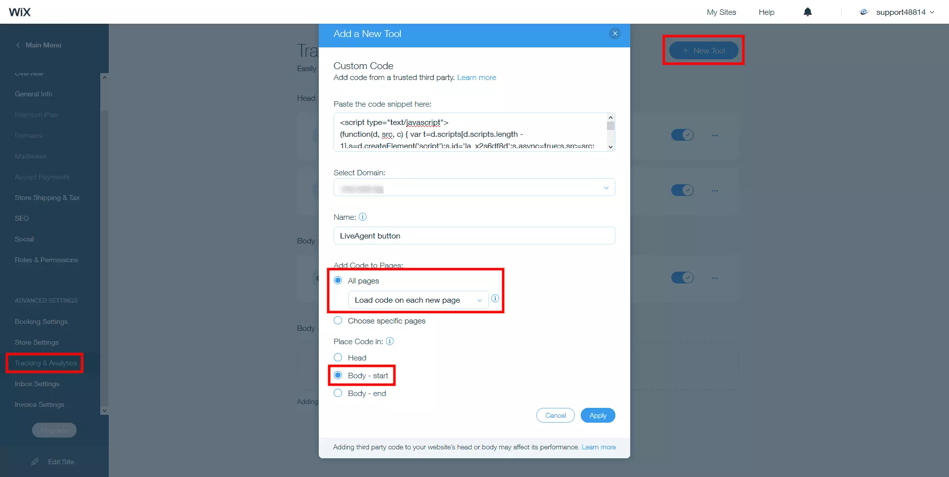 Placer LiveAgent live chat-koden i Wix-webstedets body