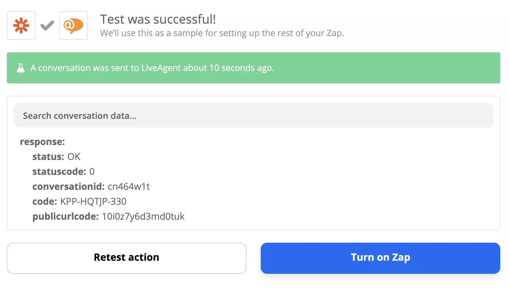 En vellykket test af en Xero og LiveAgent-integration på Zapier